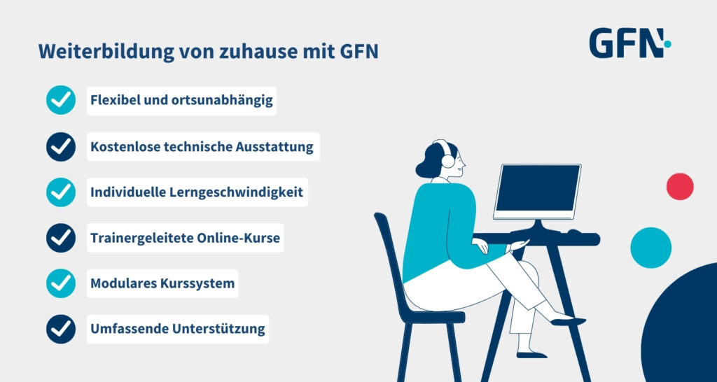 Bei einer Weiterbildung von zuhause mit GFN profitierst du von vielen Vorteilen. Trainergeleitete Online-Kurse, maximale Flexibilität und dennoch eine umfassende Betreuung - so schließt du deine Online-Weiterbildung erfolgreich ab.